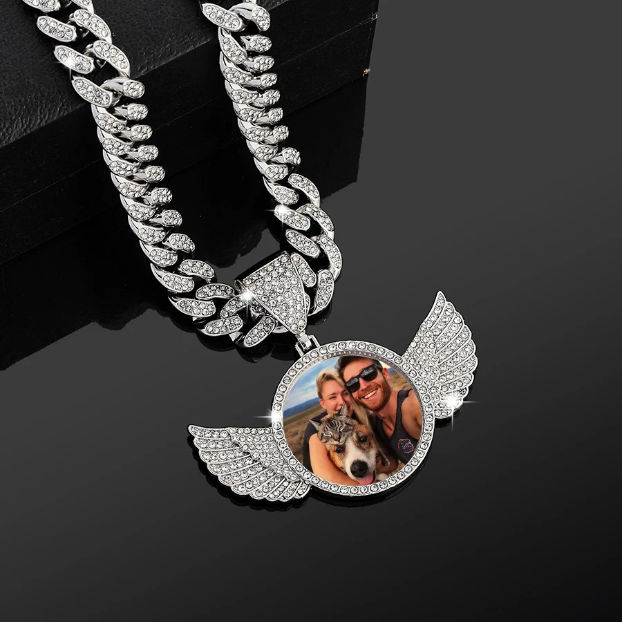 Personalized Photo Memory Pendant with CZ Angel Wings picture-ready zinc alloy necklace Hip Hop style jewelry for men and wome