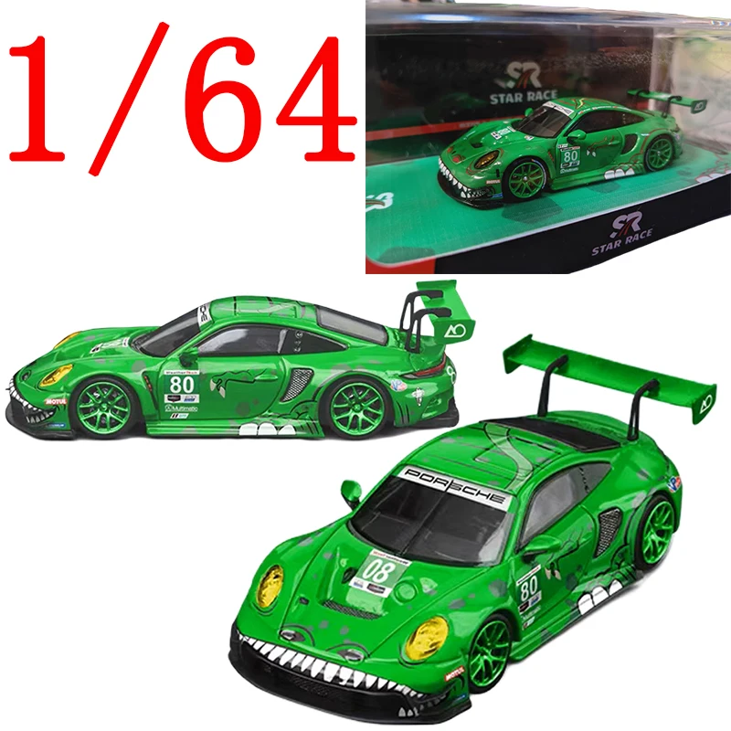 Model Porsche 911 GT3 R 80, odlew ze stopu, skala 1/64, SR Diecast #   Zielone pojazdy zabawkowe dla chłopców, prezent, oryginalne opakowanie