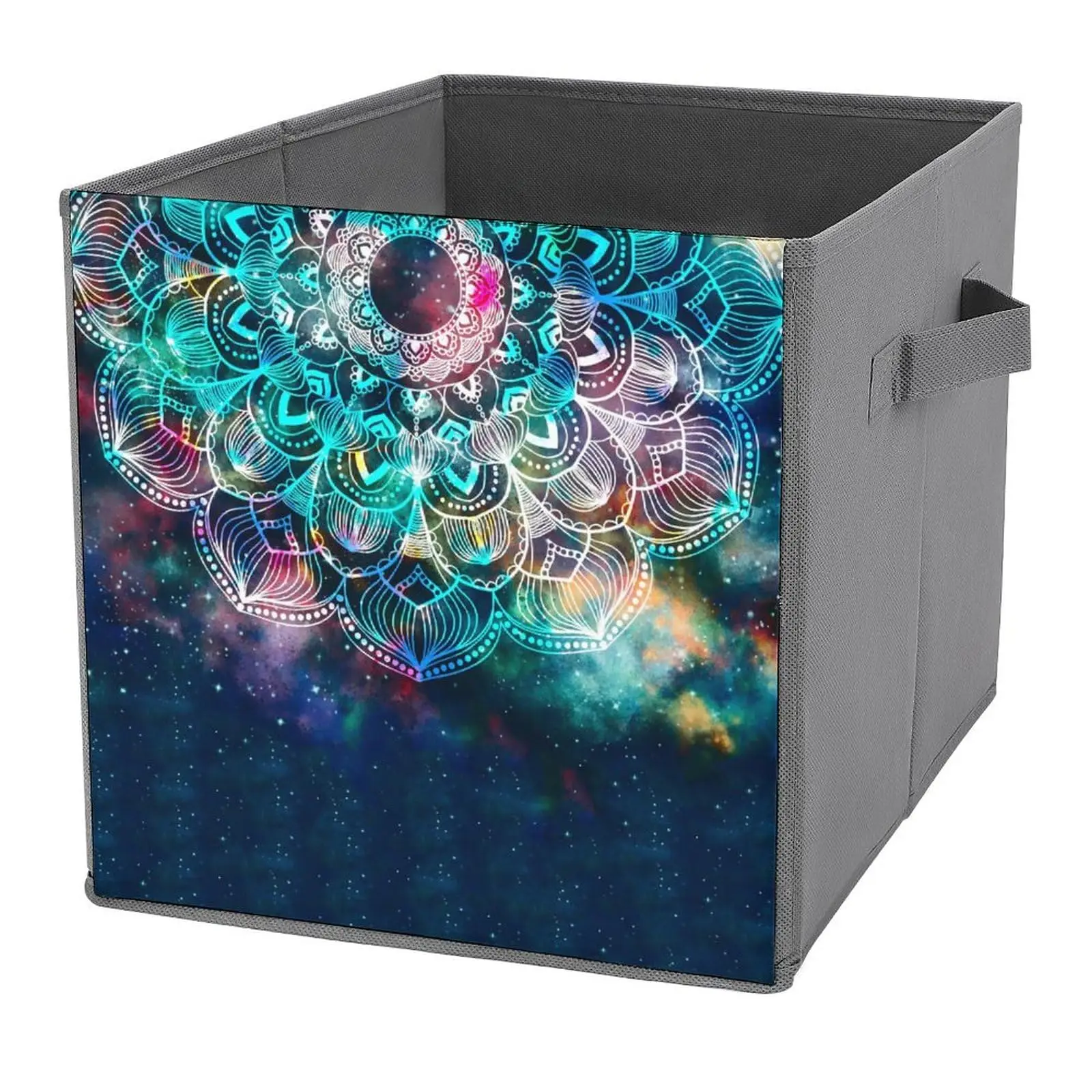 Watercolor Mandala with Galaxy Folding Storage Bins Collapsible Cubes Organizer Case Cloth Blanket Boxes with Handles for Home