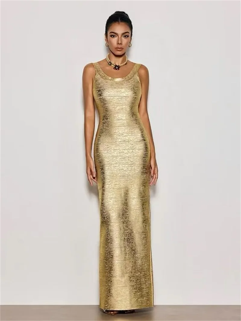 

Shiny Gold Prom Dress Sexy Sleeveless Elegant Long Sheath Party Gown Holiday Beach Formal Wedding Birthday Evening Robe
