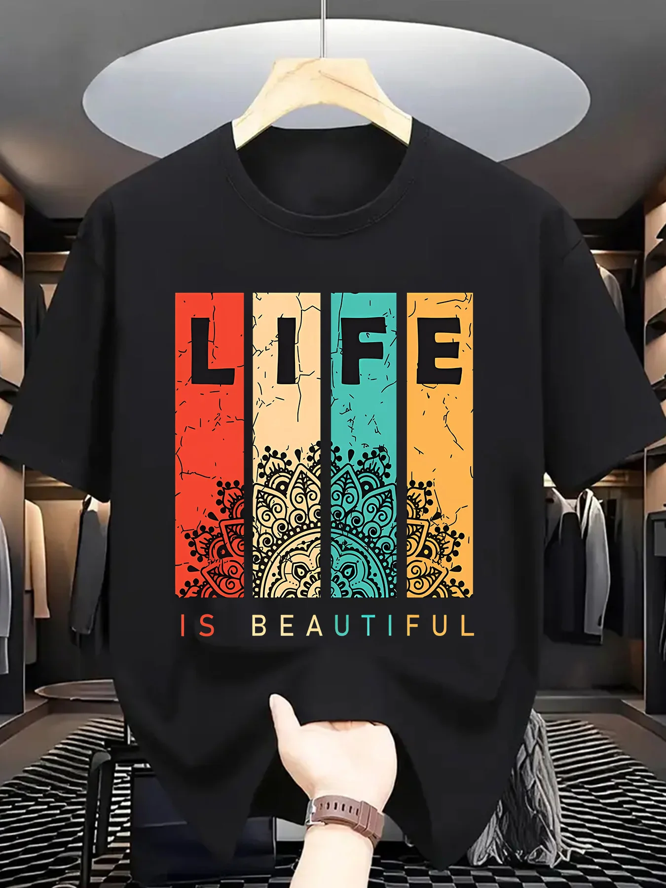 Summer fashion men's life print comfortable and breathable round neck T-shirt soft and breathable round neck Thsirt outdoor casu