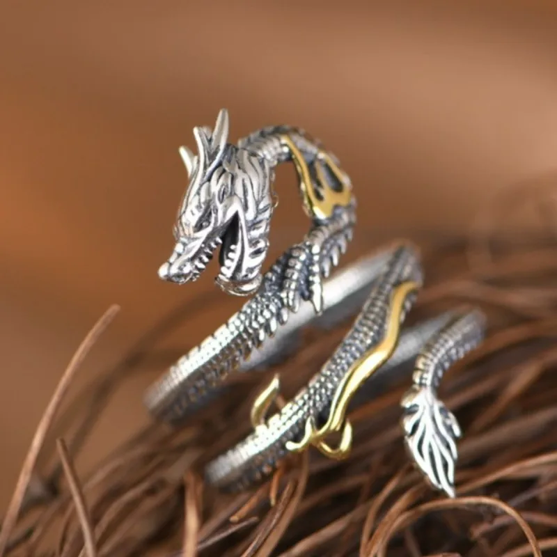 Buyee 925 Sterling Silver Unique Big Ring Elegant Chinese Dragon Open Ring Finger for Men Rock Punk Fine Jewelry Circle Gift