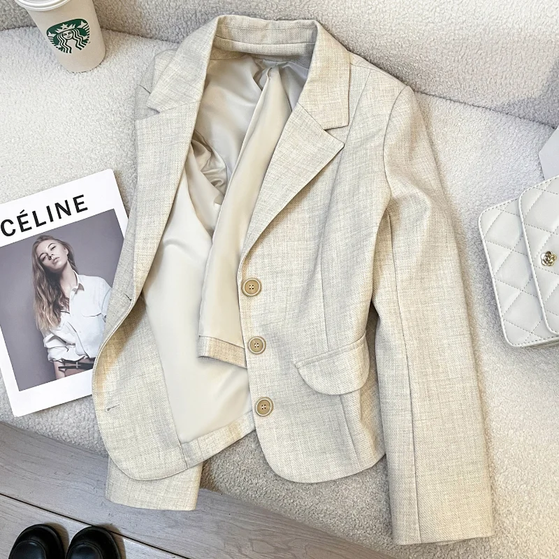 

Бежевый повседневный костюм-пиджак для женщин: модный, простой, офисный, базовый, французский стиль, с длинными рукавами, цельный, весенний