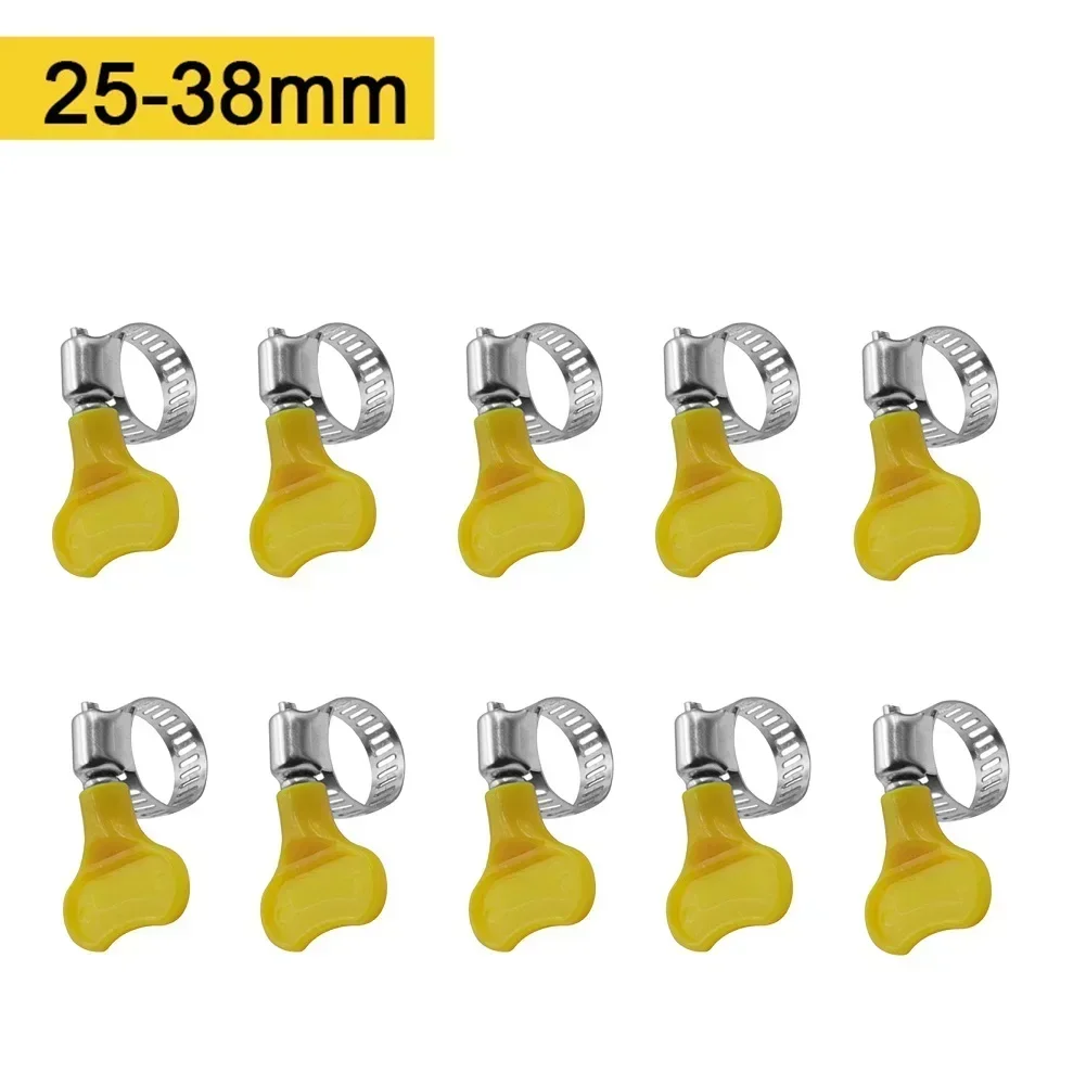 10pcs 10-38mm Hose Clamps Adjustable Yellow Plastic Handle Hand Wriggle Hose Clamp Stainless Steel Pipe Clip For Pressure Tubes