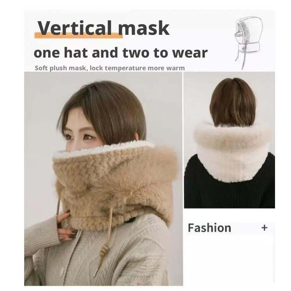 Plush Hat for Winter Warm Thick Hood with Scarf Mask Ear Protection Windproof Thermal Cap Outdoor Cycling Riding