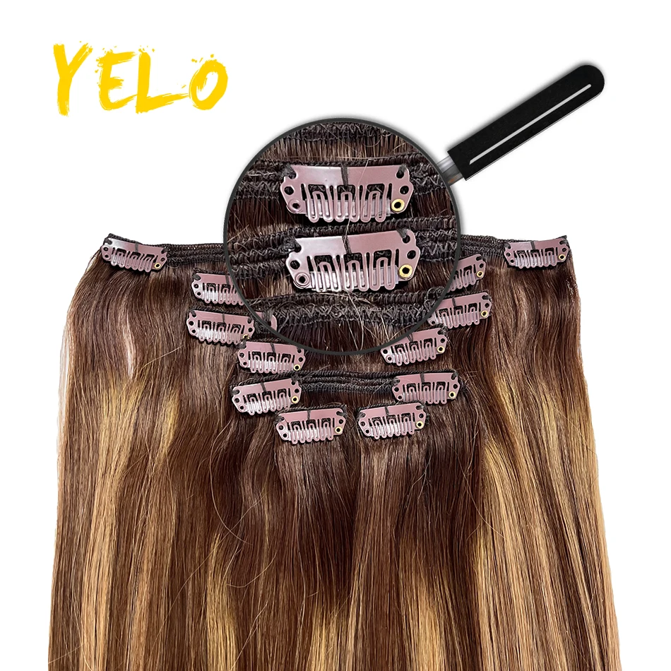 18 Inch Balayage Highlight Color T4-4-27 Clip In Human Hair Extension Invisible Long Straight Hairstyle Hairpieces For Thin Hair