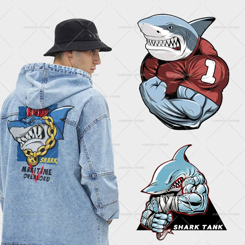 Muscle Shark Patches Iron On Heat Transfers For Clothes Fitness Talent Thermal Transfer Applique Stickers On Man T-shirt DIY