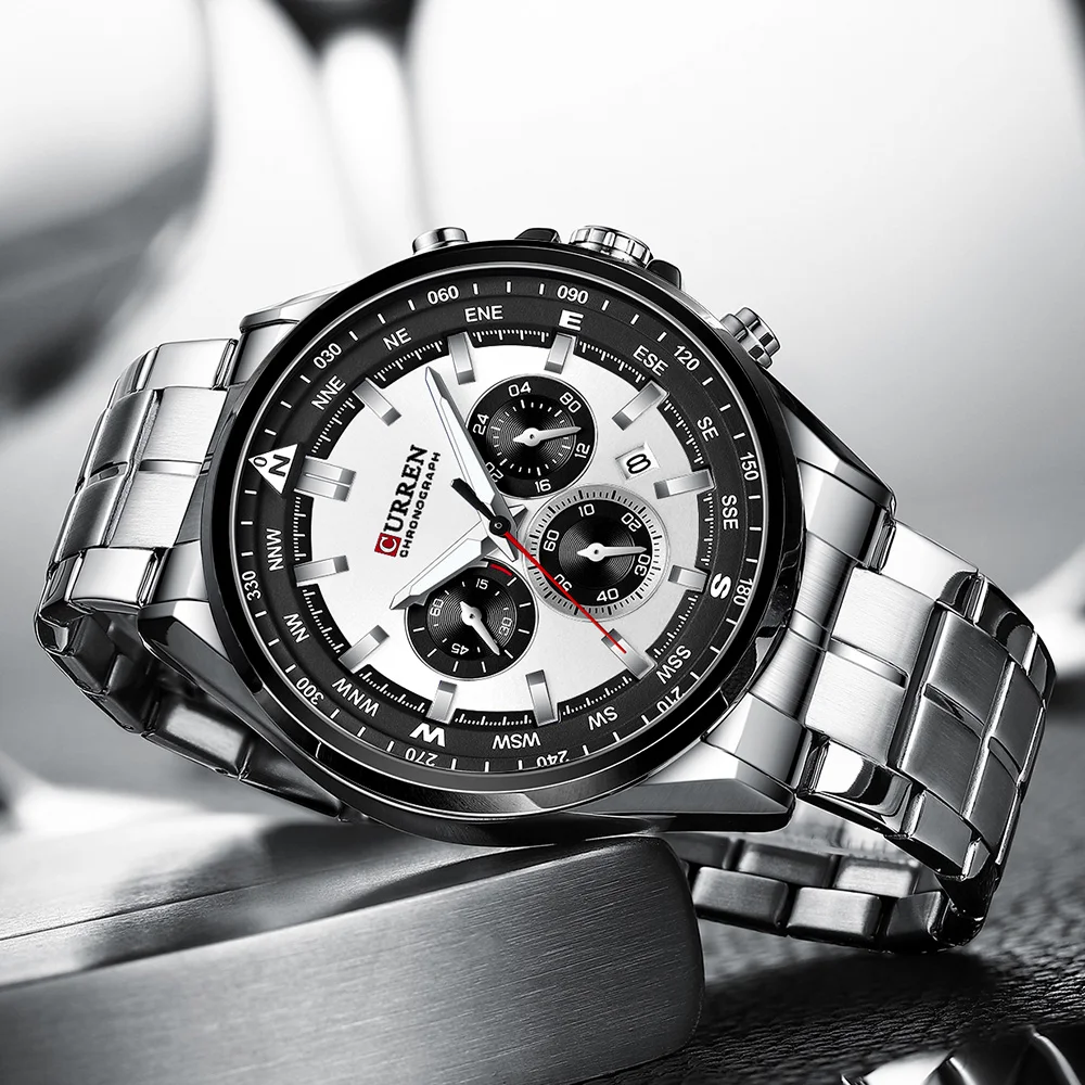 CURREN Luxury Brand Watches for Men Casual Sporty Quartz Wristwatch with 316 Stainless Steel Band Chronograph Clock Male Silver