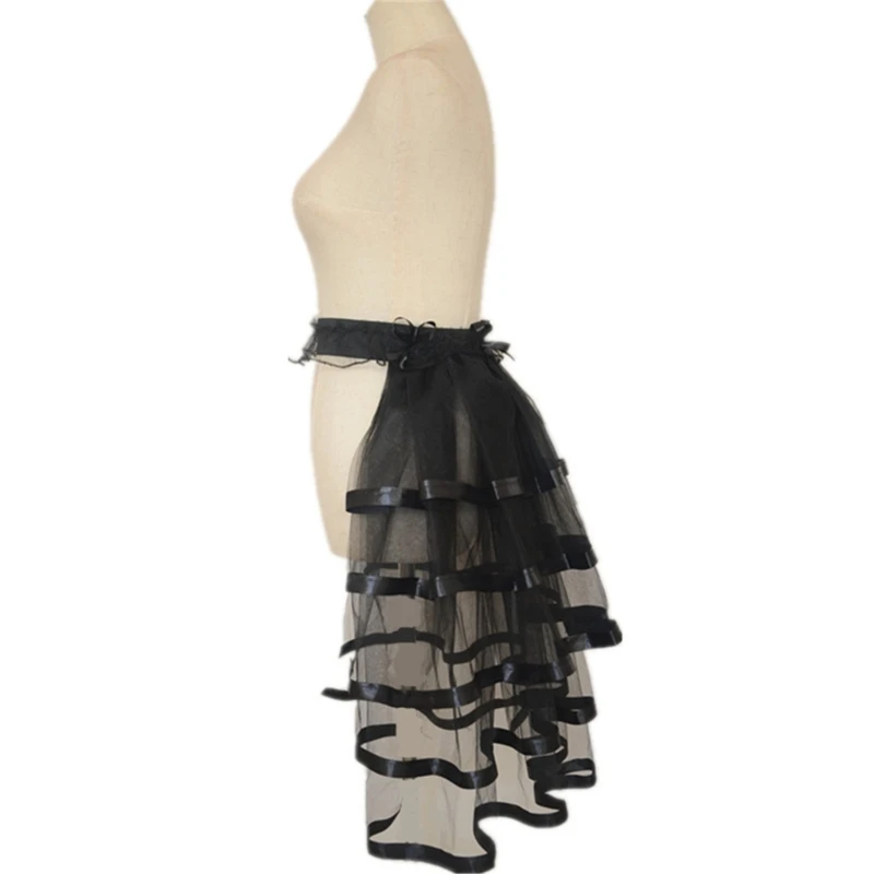 E15F Women's Elastic Waist Layered Long Tulle Skirt Ruffled Mesh Overskirt For Stage Performances Game Wear