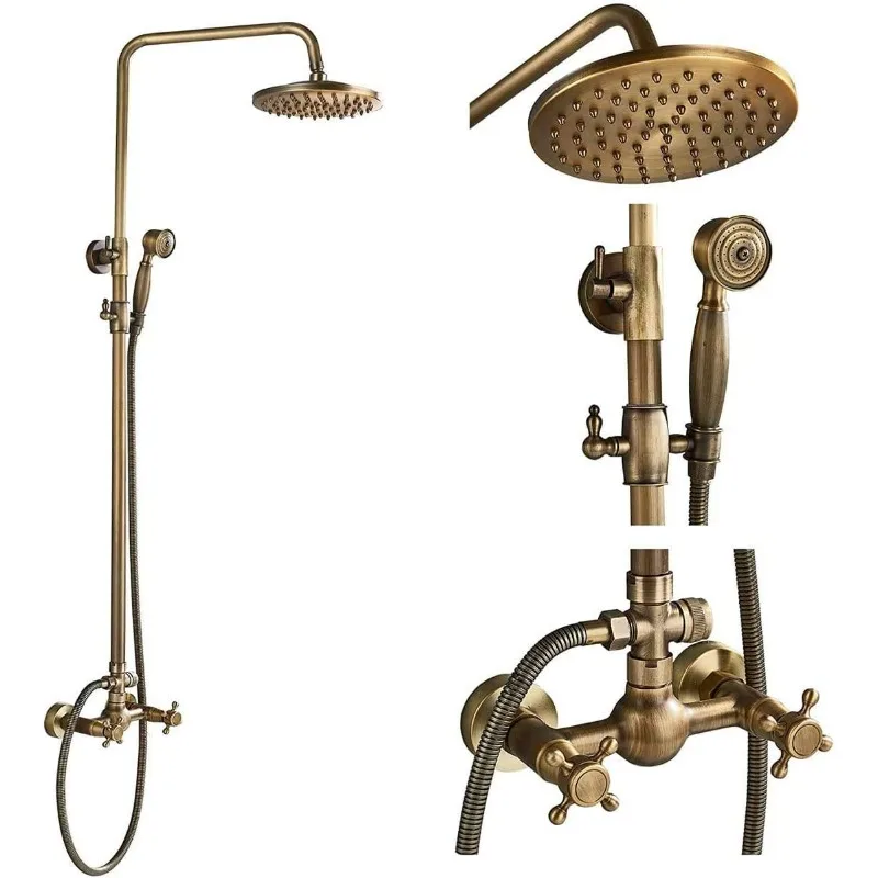 Antique Brass Bathroom Shower Faucet System Set 8 Inch Rainfall Shower Head Handheld Spray 2 Knobs Mixing