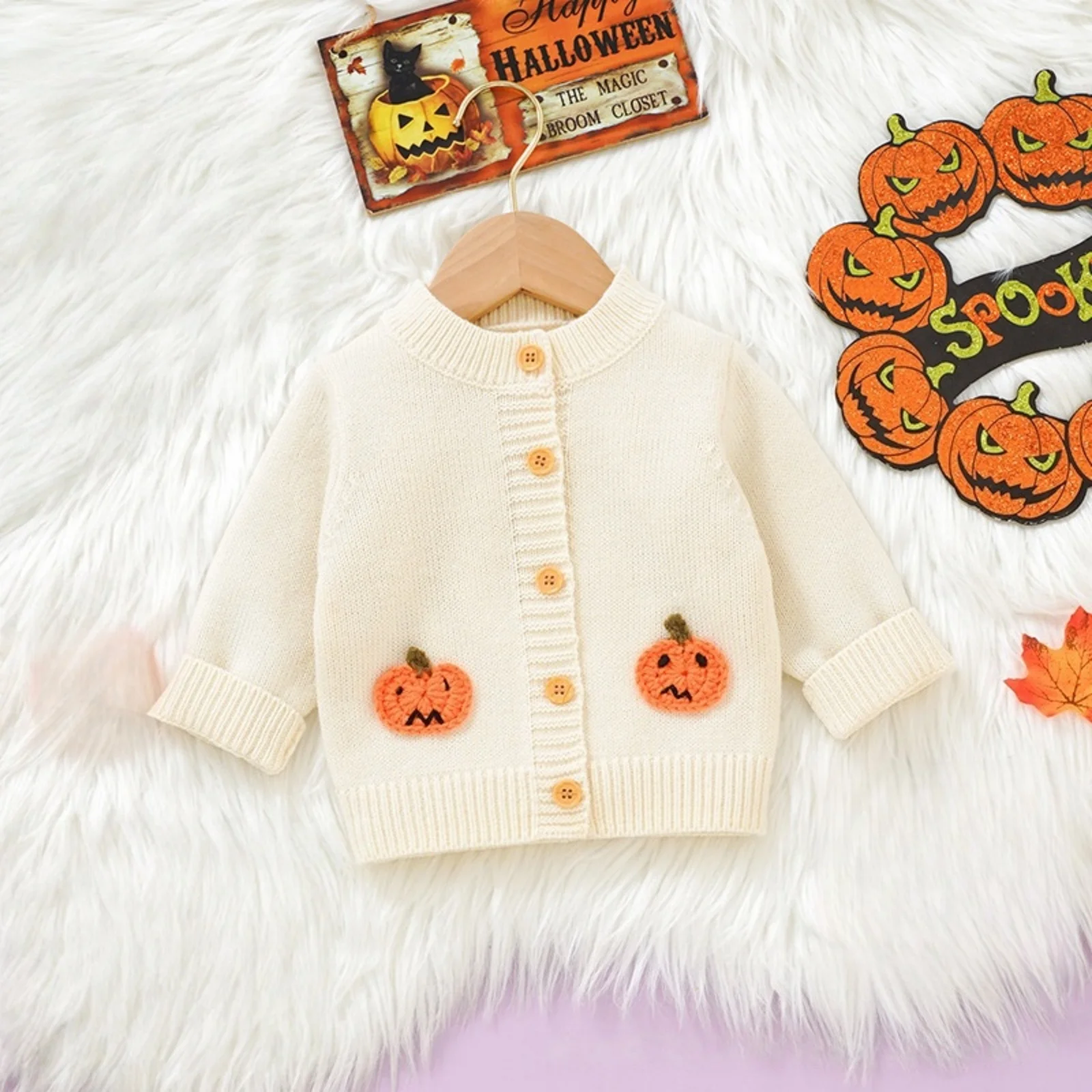 

Вязаный свитер с 3D рисунком тыквы на Хэллоуин, осенне-зимние вязаные свитера для мальчиков и девочек, пальто, однобортный вязаный кардиган
