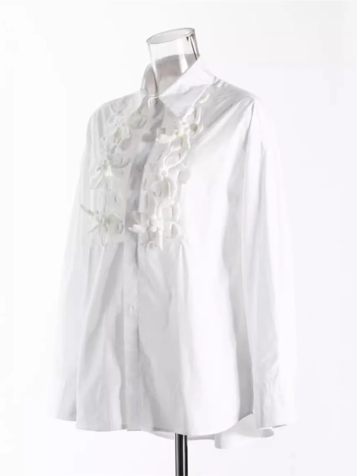 

Ele Hollow out Long Sve irt Floral 3D Design Slimming Women's Faion Straight Cut French Sle Cotton Collar