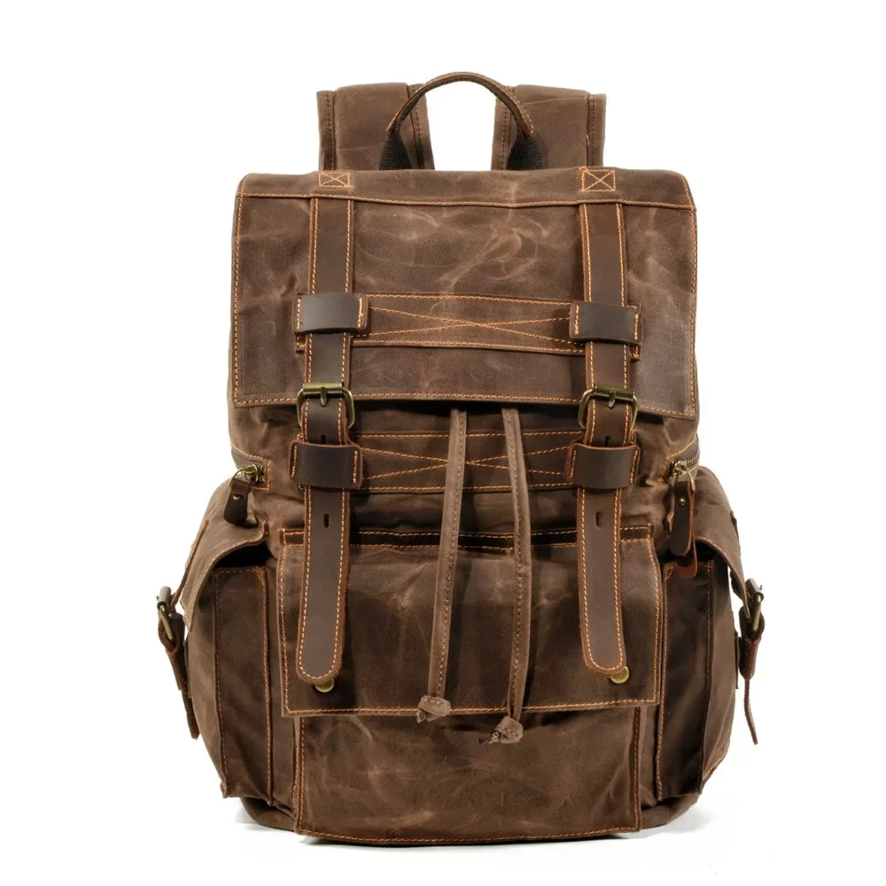 M257 New Vintage Men Large capacity Military Oiled Leather Canvas Backpacks School Bags Teenagers Laptop Backpack Duffel Bag