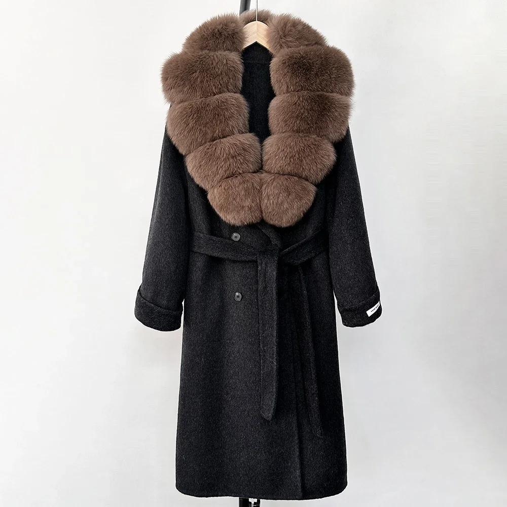 Réalité manteau de fourrure femmes automne naturel réel col de fourrure de renard veste ceinture vêtements d'extérieur amples vêtements d'extérieur décontracté Streetwear manteau de laine