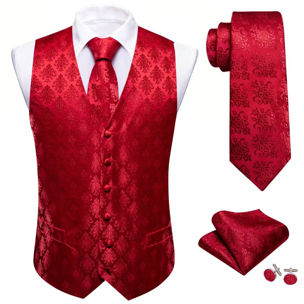 Luxury Wedding Red Vest Silk Floral Waistcoat Tie Set Party Sleeveless Jacket Socal Formal Suites V Necktie Gift  Barry Wang