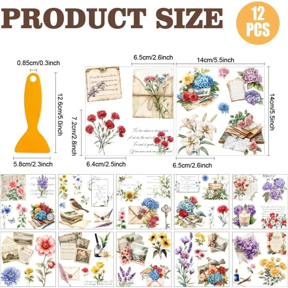 12 Sheets 12 Style PVC Stickers Heat Transfer Film for Window Decoration Envelope 140x140mm 1 sheet/style