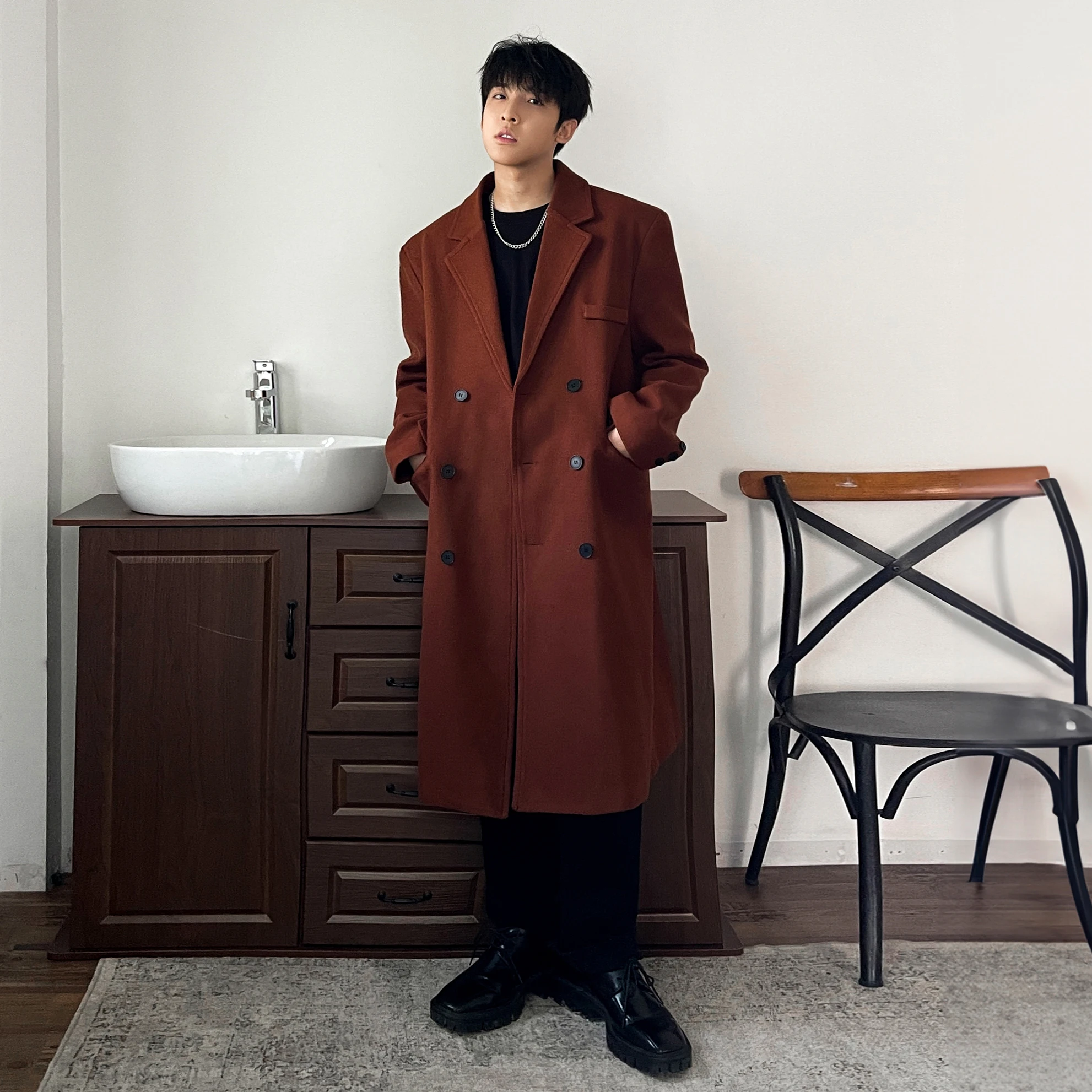 Winter Long Trenchcoat Men Korean-style Solid Double Breasted Woolen Coat Loose Casual Trench Outwear 2023 Solid Color Overcoats