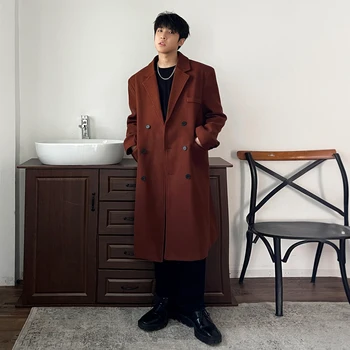 Men's Long Woolen Trench Coat 4 Winter Long Trenchcoat Men Korean-style Solid Double Breasted Woolen Coat Loose Casual Trench Outwear 2023 Solid Color Overcoats 4