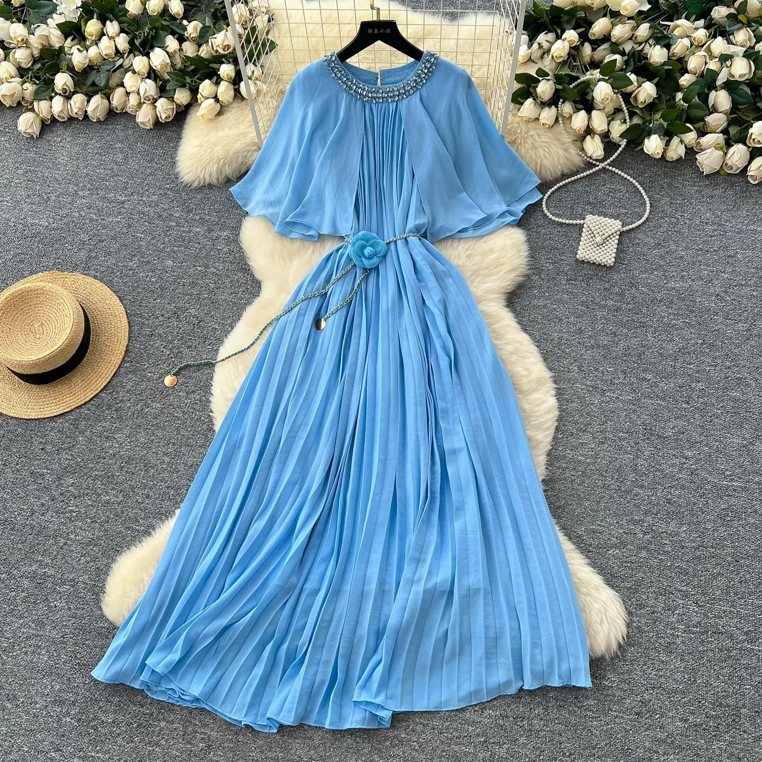 

Women Elegant Dresses Cape Round Neck Folds Long Dress A Line Casual Solid Spliced Vestidos Skinny Summer Office Lady 2025