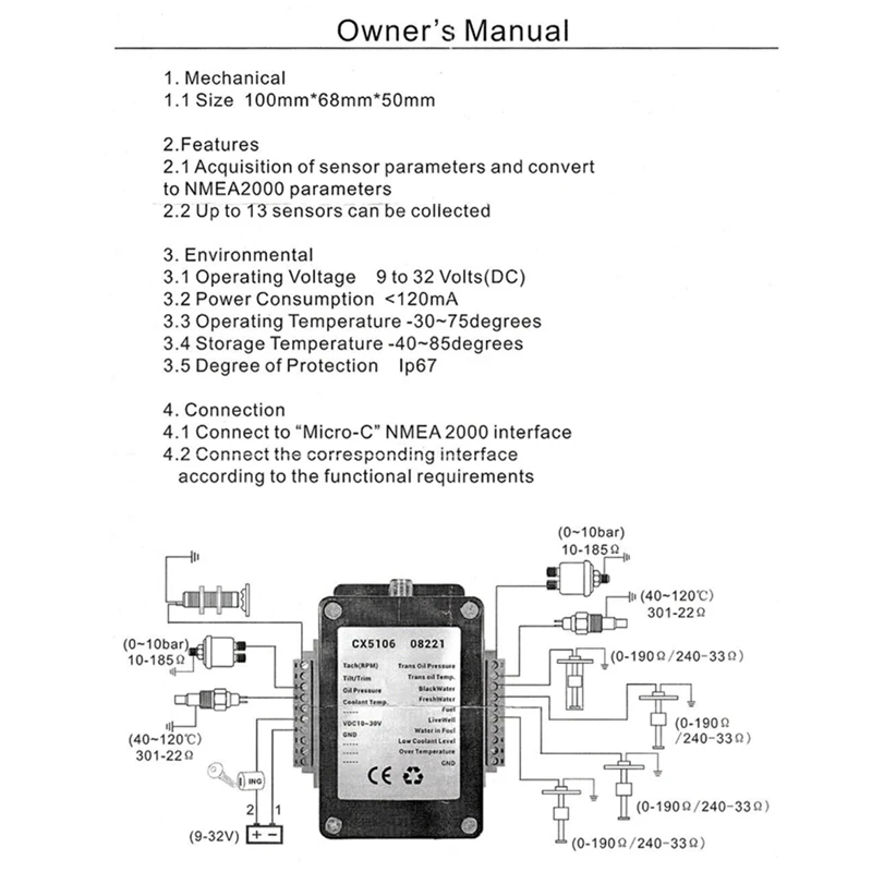 Single Channel NMEA2000 Converter Replacement /N2K Converter 0-190Ohm Up To 13Sensors W/Cable For Marine Boat CX5106