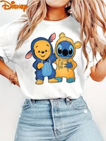 Cute Cartoon Winnie The Pooh and Stitch Print Round Neck Summer Women's T-shirt Casual Fashionable Retro-style Everyday Top