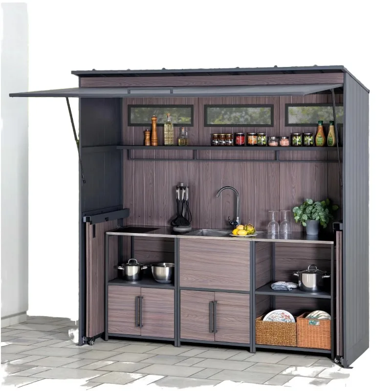 Modern Stainless Steel Frame Acrylic Particle Board Door Panel Movable Integrated Sink & Faucet Outdoor Kitchen Cabinet