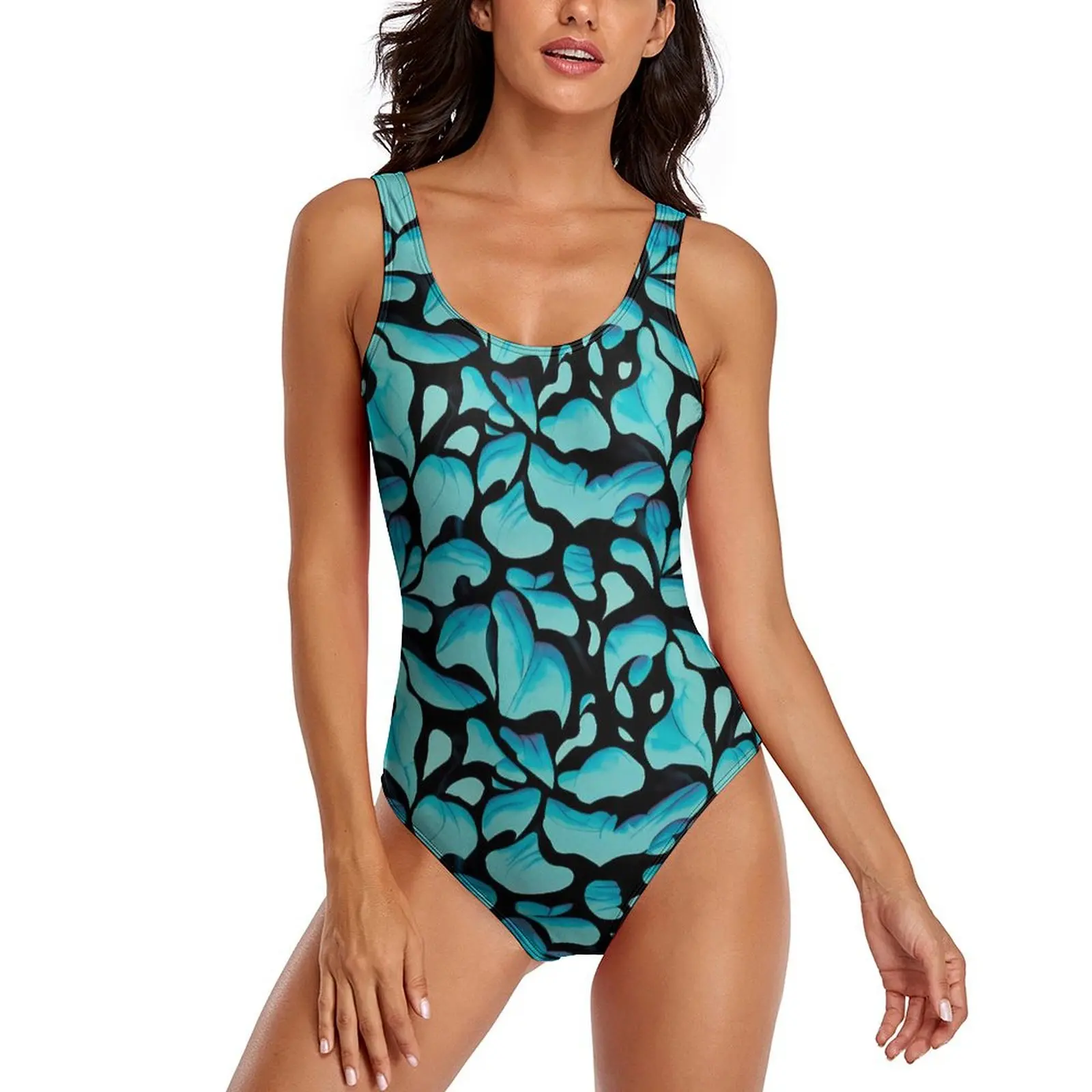 

Blue Leaf Swimsuit Abstract Leaves Swimwear One Piece Holiday Design Swimsuits High Cut Monokini Women Push Up Sexy Beachwear