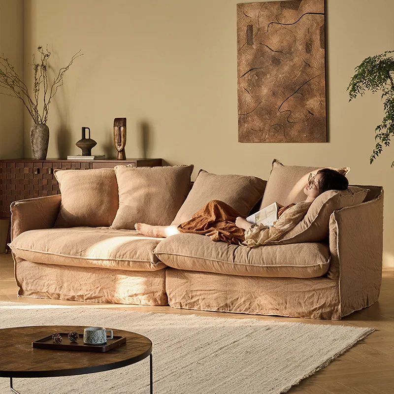 Wabi-sabi wind linen fabric sofa removable and washable three-person straight row designer small apartment down sofa living room