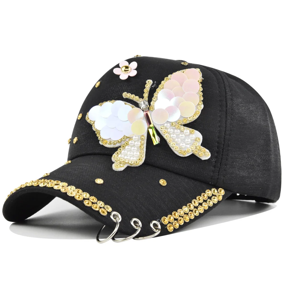 

Vintage Washed Distressed Hats Baseball Glitter Sequin Dad Hats Cap Butterfly Personality Couple Curved Brim Sun Hat