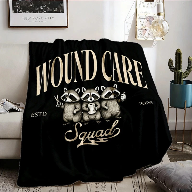 Wound care nurse Flannel Blanket, Wound Care Squad Raccoon Flannel Throw, Nurse Cozy Blanket