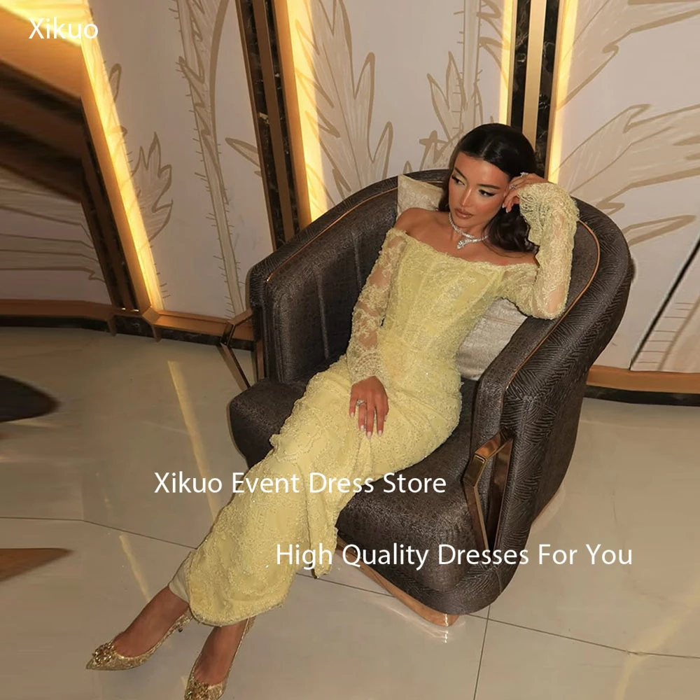 

Xikuo Роскошные желтые кружевные платья для выпускного вечера без бретелек Русалка Vestido De Festa с длинными рукавами и аппликациями Вечерние платья по индивидуальному заказу