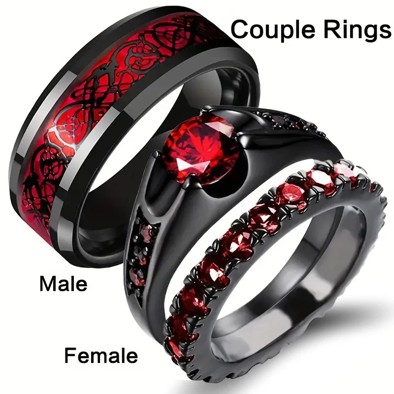 Fashion Couple Rings Women's Red Rhinestones Zirconia Rings Set Men's Stainless Steel Celtic Dragon Rings Wedding Band Jewelry