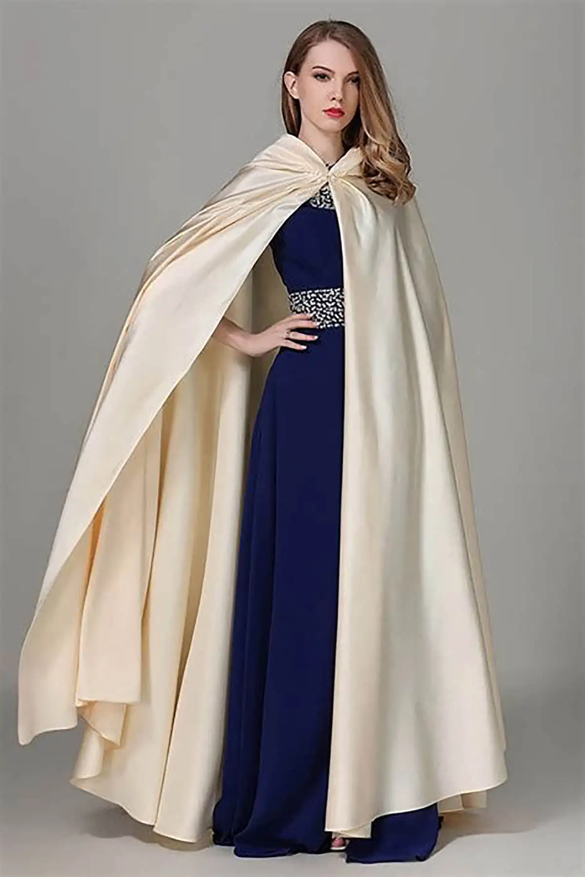 

Satin Bridal Cloak Shawl Hooded Wedding Long Cape Bridal Cover Up Hand made Outerwear Wedding Costume Customized