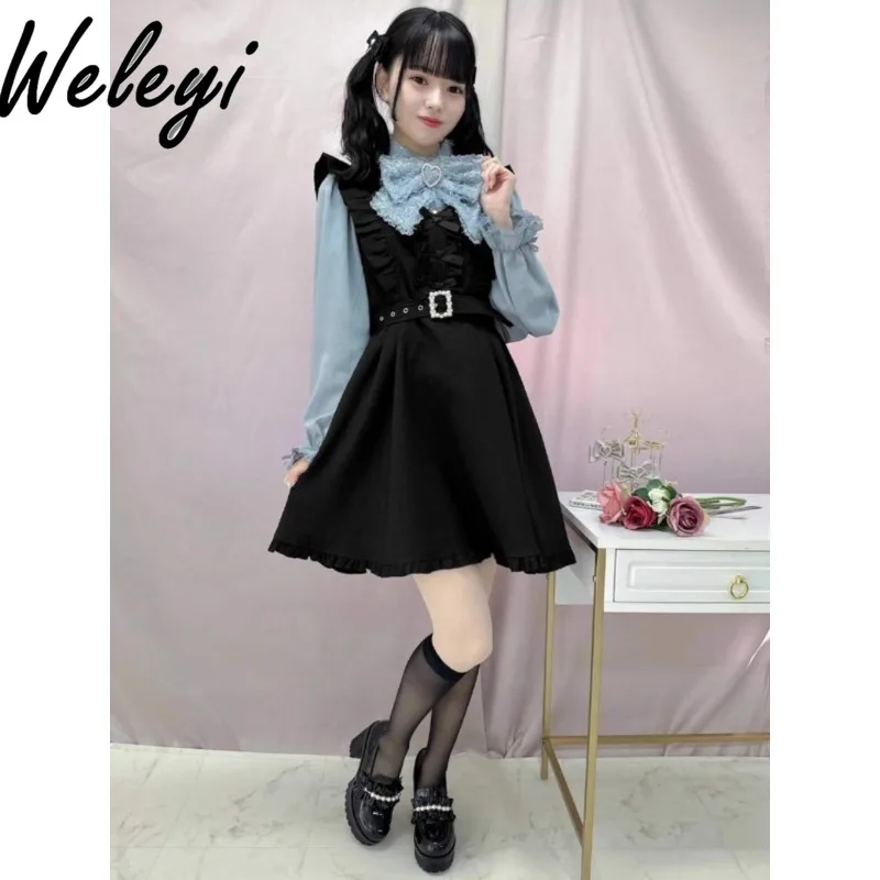 Kawaii Shoulder Strap Pleated Dresses Autumn Buckle Belt Women's Clothing Slightly Fat A Word Suspender Medium and Long Kleider