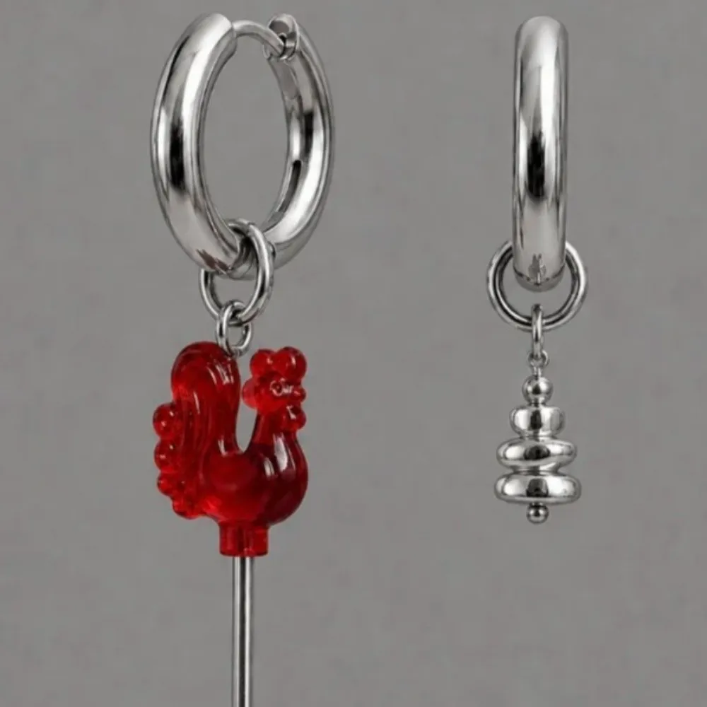 3D Red Rooster Necklace Beads Lollipop Asymmetrical Rooster Pendant Earrings Adjustable Dangle Rooster Pendant Necklaces