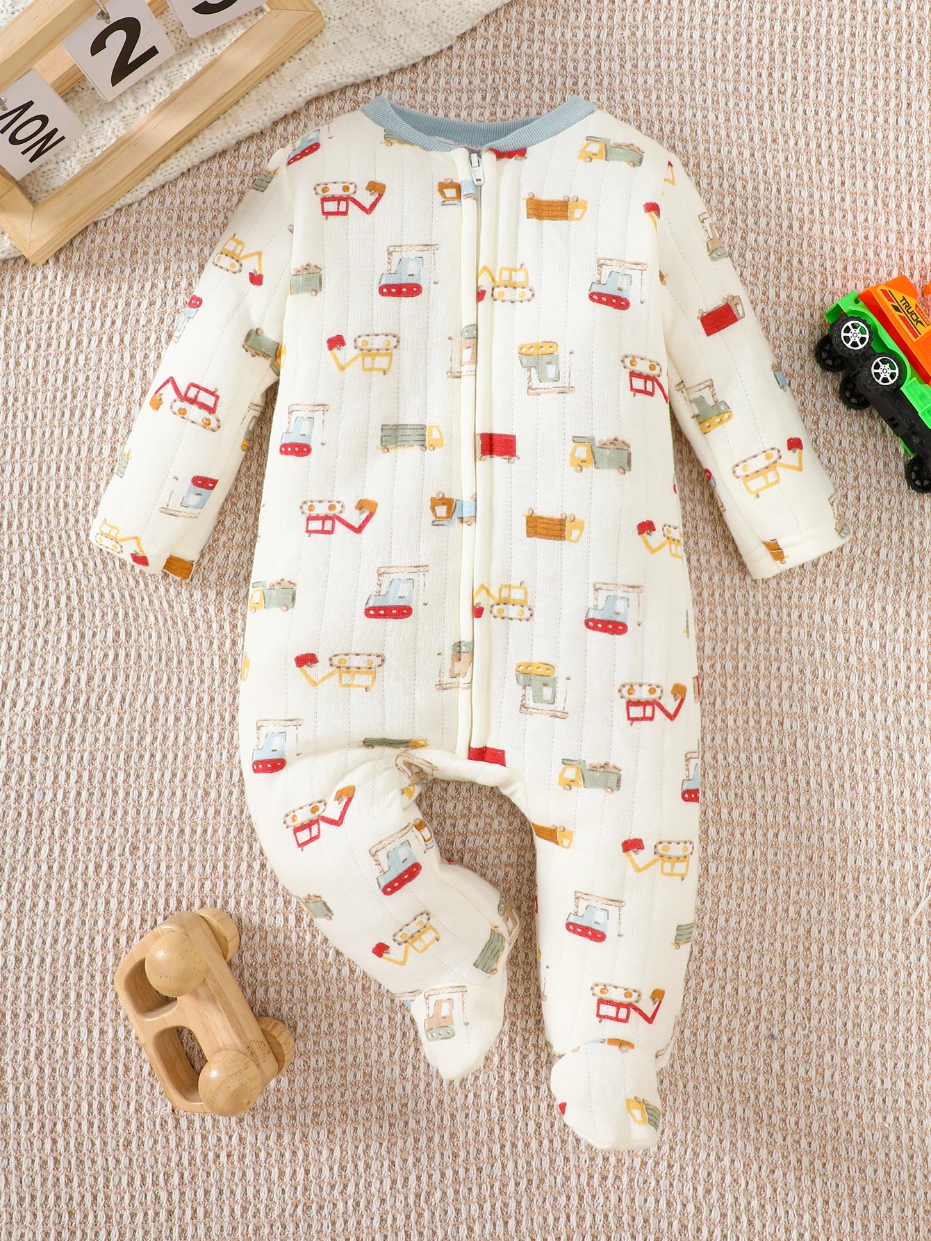 Baby Boys Footed Romper Long Sleeve Zipper Jumpsuit Cartoon Vehicle Print Soft Cotton Newborn Sleepsuit Infant Daily Outfit 0-3