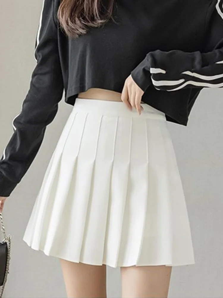 Streetwear Korean High Waist Summer Pleated Mini Skirts Women Black White Tennis A Line Skirt Kawaii Students