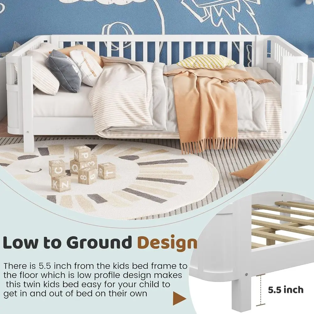 سرير أطفال مونتيسوري بالحجم الكامل مع قضبان، شرائح خشبية، سرير نهاري حديث منخفض للأولاد والبنات، أبيض #3