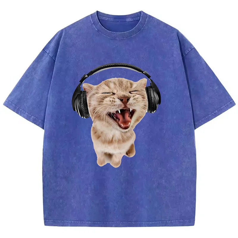 

Retro Washed 100% Cotton T-Shirt Music Cat Vintage Top Tee Casual Streetwear Men Women Unisex T Shirt