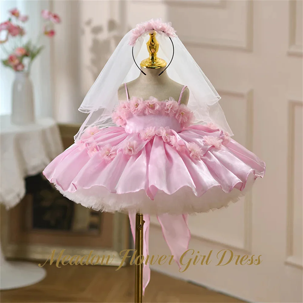 Meadow Pink Baby Kids Birthday Dress with Bow Wedding Dresses for Girls 3-13 Years Old Spaghetti Strap Girls Princess Dress