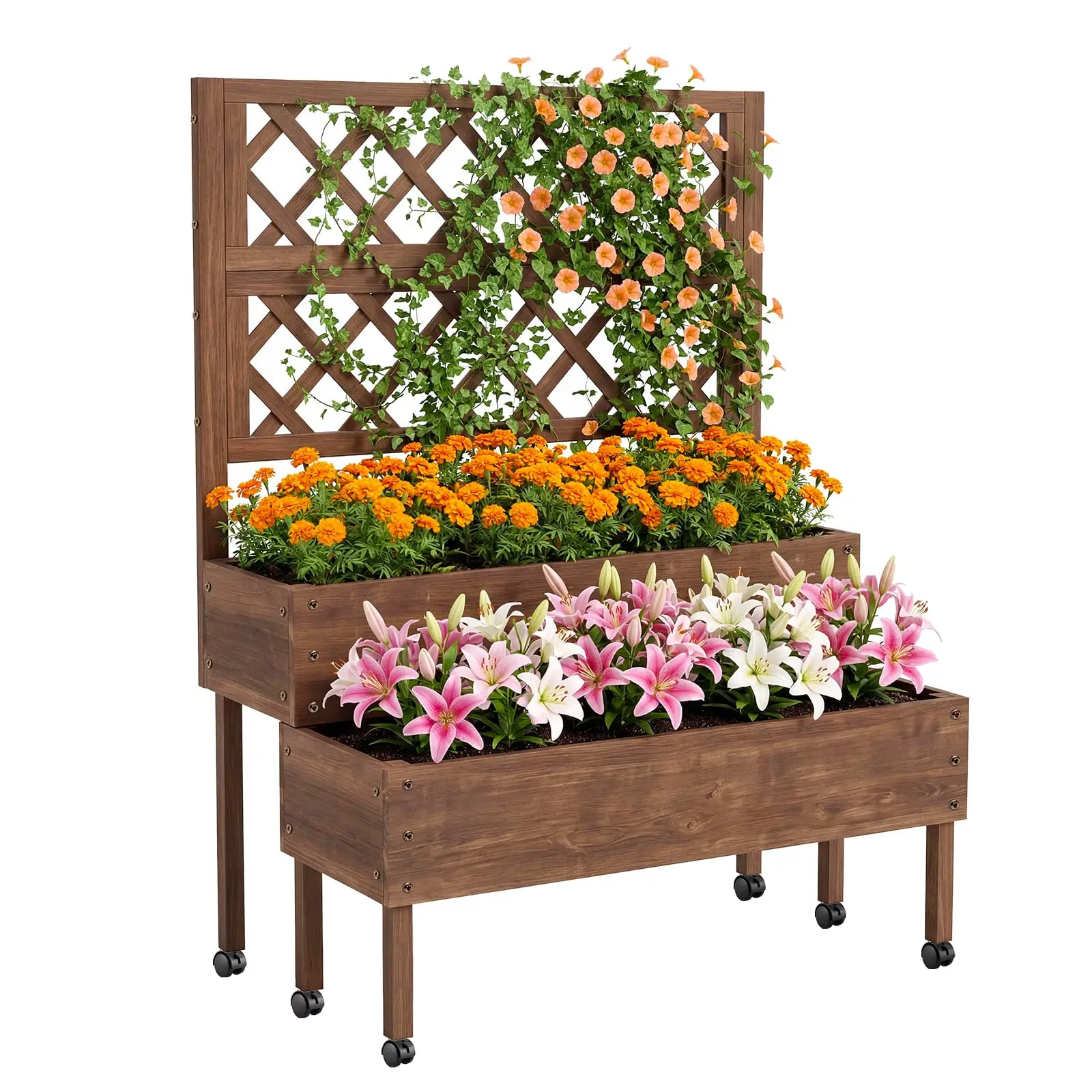2-laags houten verhoogde plantenbak met trellis, verhoogd tuinbed met poten en drainagegaten, verticale bloembak voor buiten