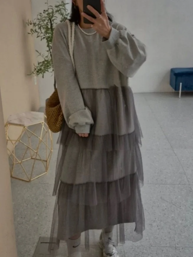 فستان نسائي أنيق للخريف مضاد للشيخوخة بتصميم مطبوع وتنورة كيك شبكية مدمجة، فستان عصري بأسلوب عملي