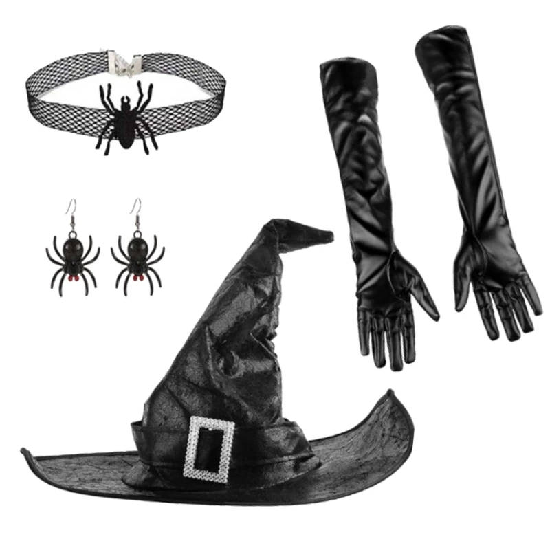 Women Witch Costume Ruched Wizard Hat Earrings Long Gloves Choker Halloween Cloche Hat Adults Holiday Cosplay Party Suit