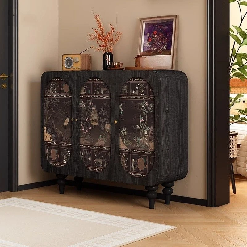 Retro cream solid wood dining side cabinet, living room decorative hallway cabinet, household wall storage cabinet, locker