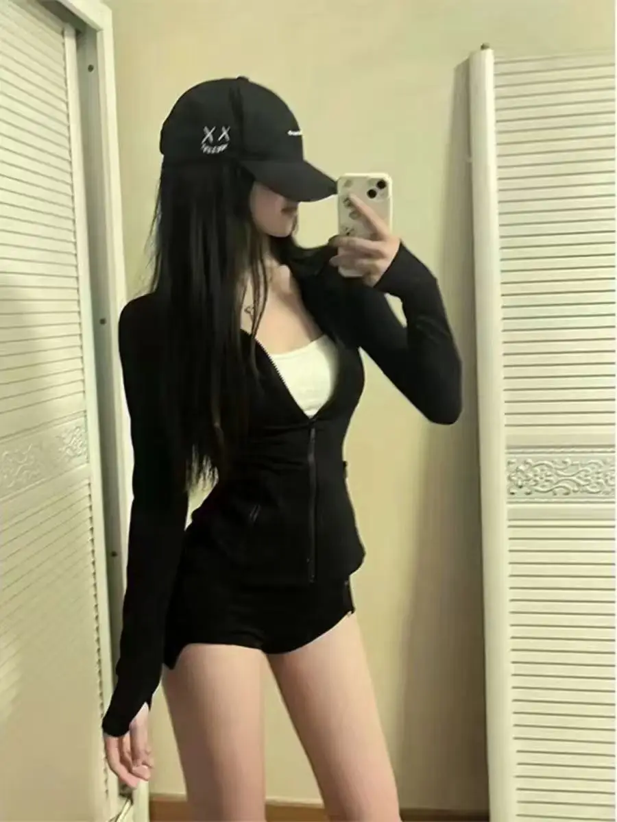 

NUOMICI Black Hooded Zip-up Women's Clothes Autumn Slim Fit Long Sleeve Cardigan Female Tops Elastic Shaping Sports Yoga Style