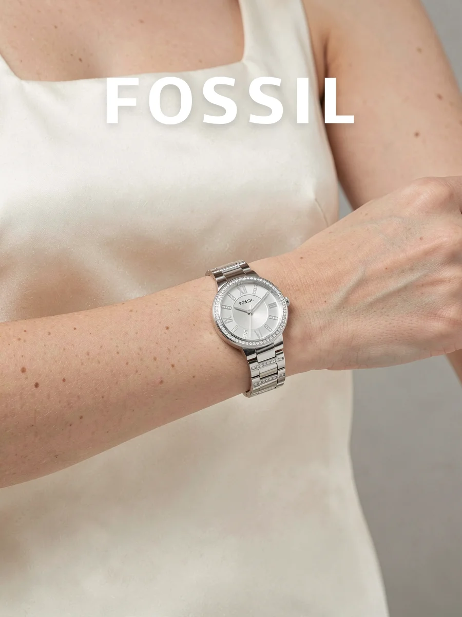 FOSSIL ES3282 Women Quartz Watch Silver Roman Dial Crystal Bezel Stainless Steel Band Wristwatch For Party Dating Birthday Gift