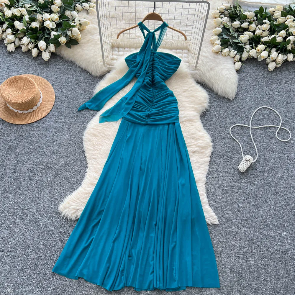 Chic vintage Impiombato scava fuori halter Elegante fata moda coreana Boho Vestito estivo abbigliamento donna Abito lungo