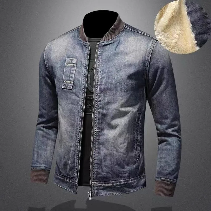 denim jacket men retro loose casual plus velvet winter jacket parkas trendy handsome motorcycle jacket streetwear men's clothing