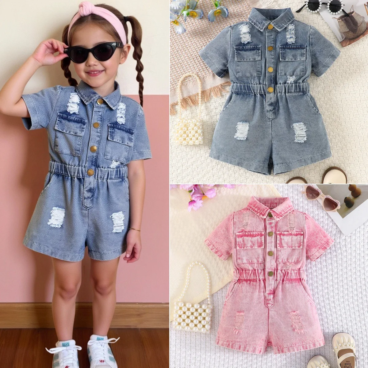 Summer baby girl and toddler short sleeved denim jumpsuit fashionable casual denim outfit