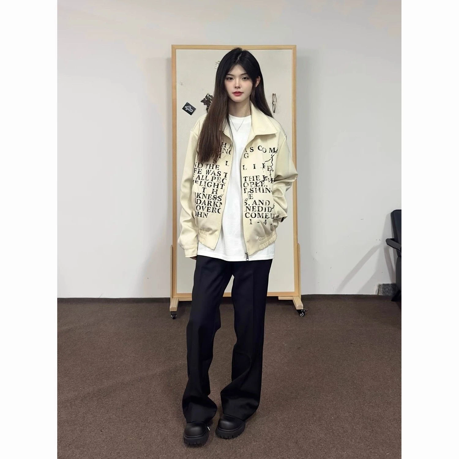 سترة بقلنسوة ذات ثقافة فرعية أمريكية كلاسيكية بأكمام طويلة للسيدات غير رسمية Y2k Harajuku مطبوعة بحروف يابانية معطف بسحاب ملابس خروج للخريف #2